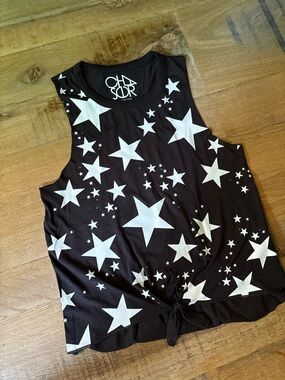 Chaser Star Print Tank Top Small Black White Tie Front Graphic Tee